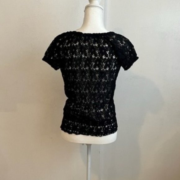 Lace Peasant Top with Tie Front Black Size M - Picture 4 of 5